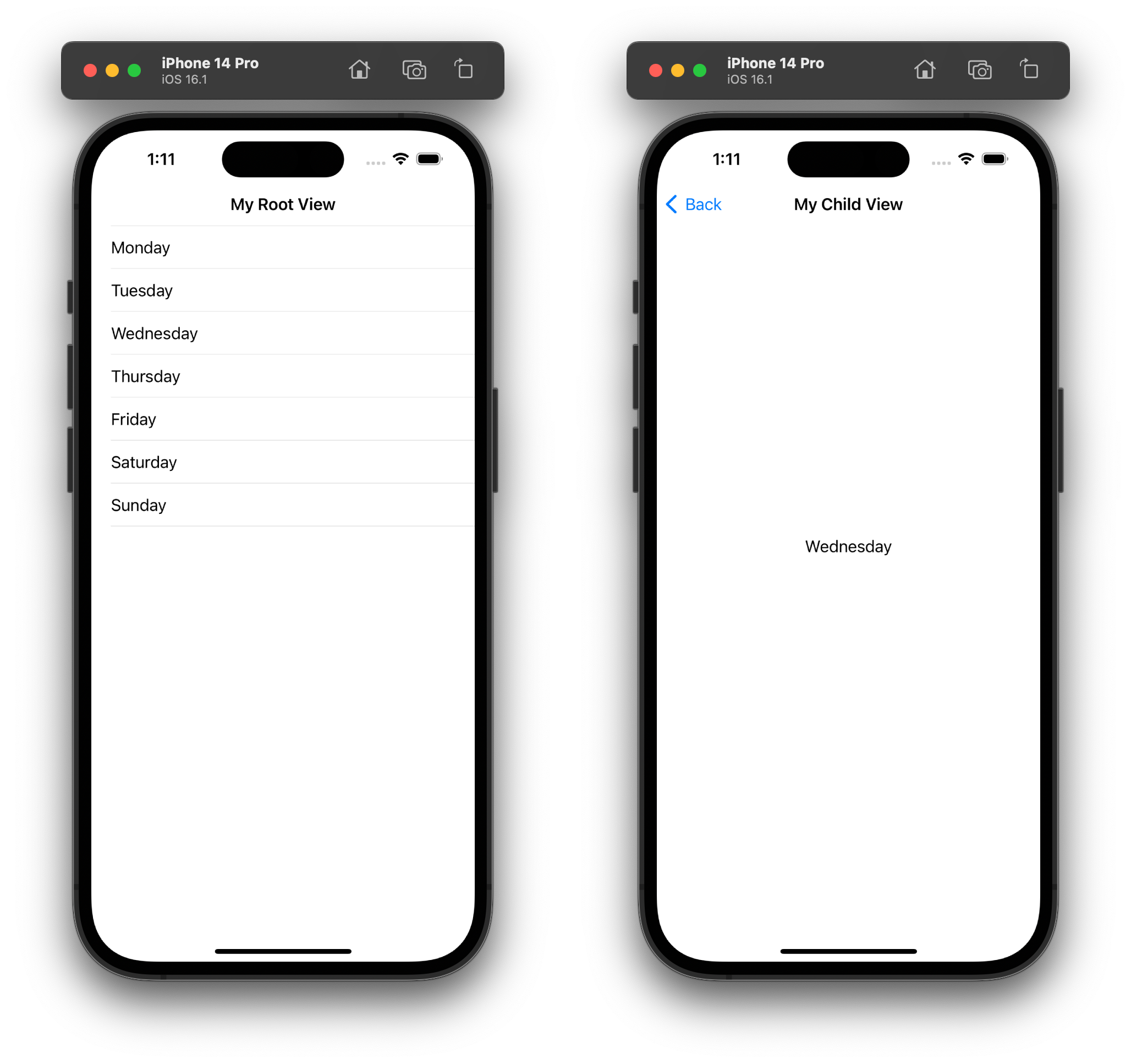 An iOS application displaying a table and a details view