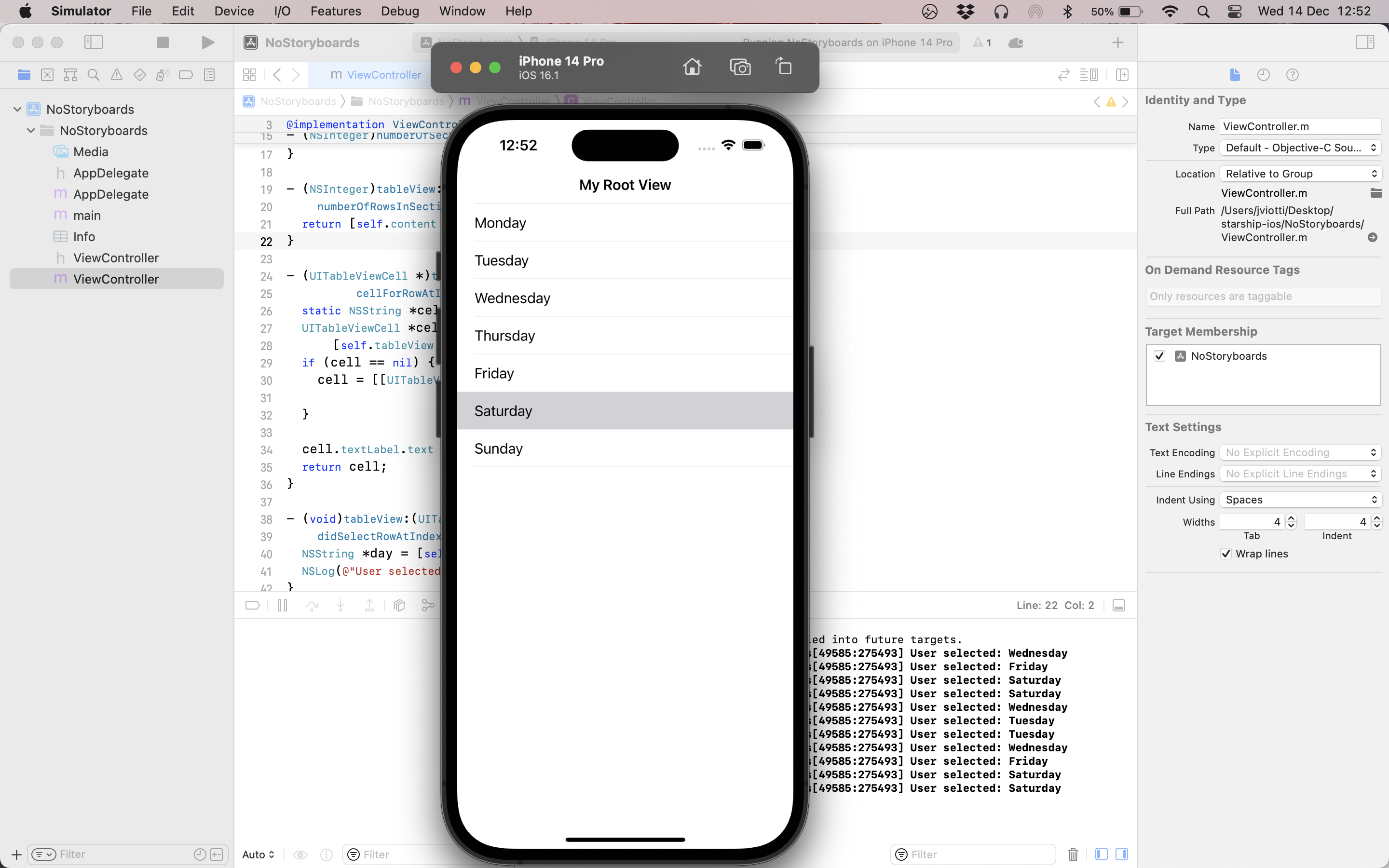 An iOS application displaying a table